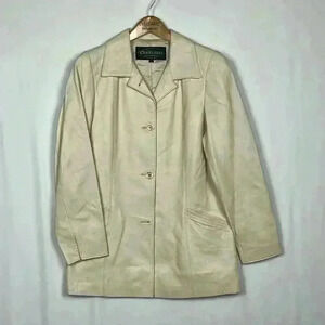 Overland Leather Jacket Womens Cream 6 Fully Lined 4 Button Closure Chic Gorg